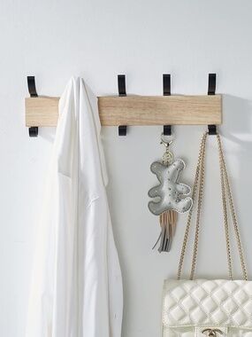 Solid Wood Wall Coat Rack w/ 5 Metal Hooks | Oak Entryway Organizer NWOT
